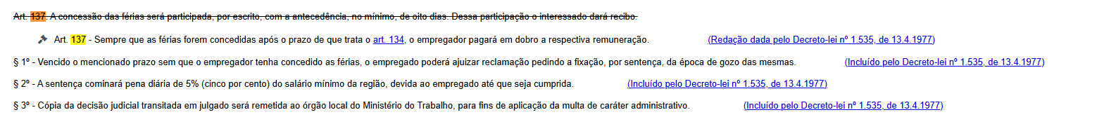 Captura do Planalto mostrando o Art. 137 da CLT, férias em dobro, com os parágrafos 1º a 3º.