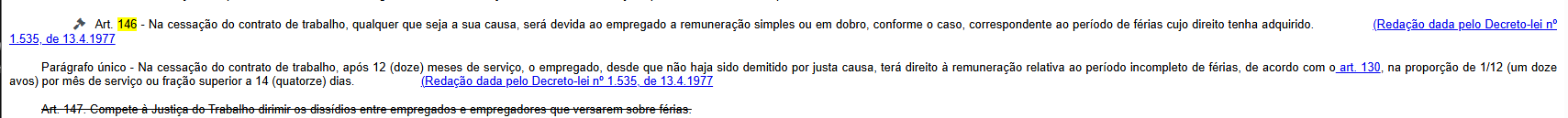 Captura do Planalto mostrando o Art. 146 da CLT com o caput e o parágrafo único, que fala em 1/12 por mês de serviço ou fração superior a 14 dias.