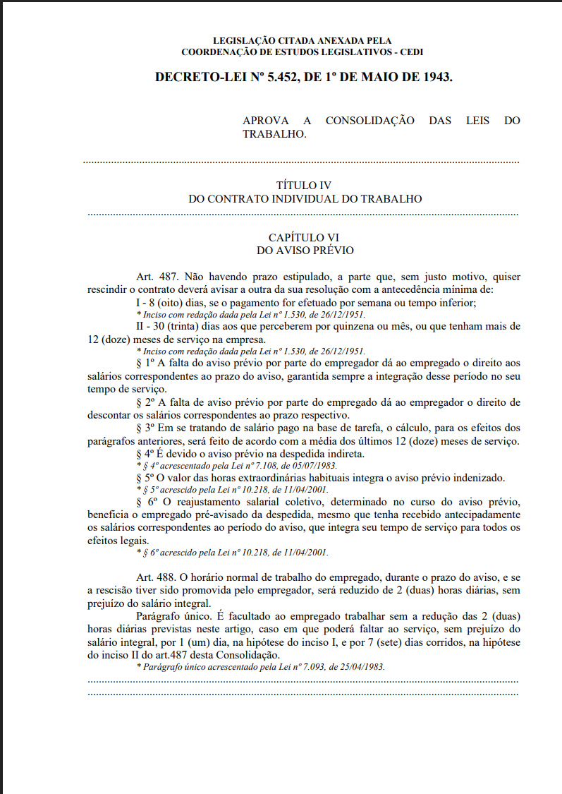 Captura do documento da Câmara dos Deputados com a legislação citada, mostrando o Capítulo VI, Do Aviso Prévio, e o texto do Art. 487.
