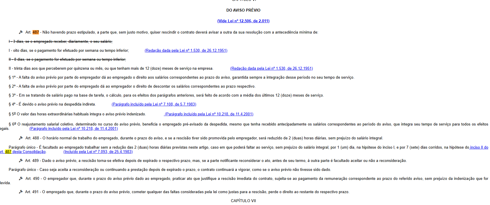 Captura do site do Planalto mostrando o Art. 487 da CLT com o § 1º, que garante a integração do período do aviso no tempo de serviço, e o § 6º.