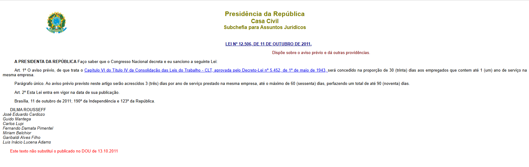 Captura do Planalto mostrando a Lei 12.506/2011 do aviso prévio proporcional.