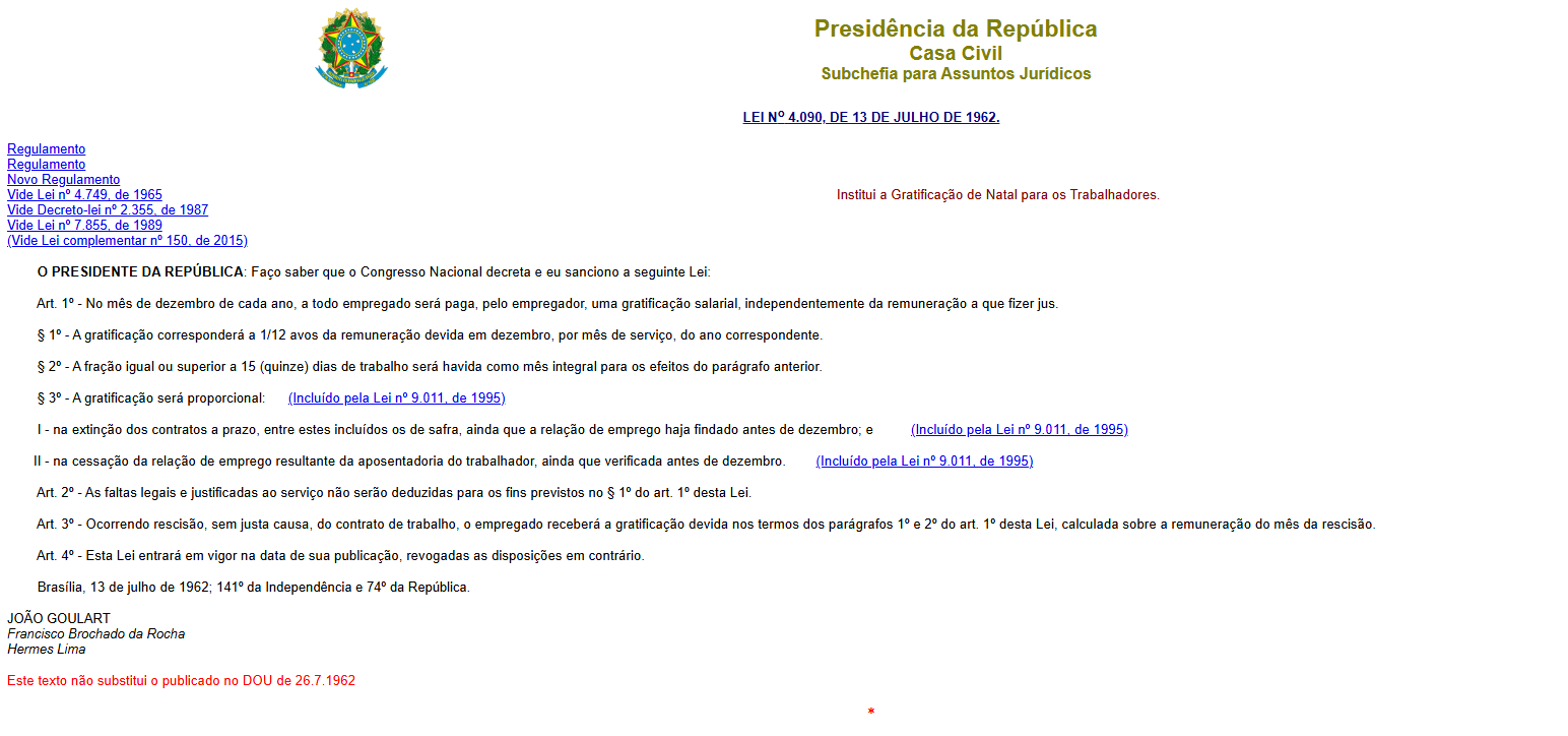 Captura do Planalto mostrando a Lei 4.090/1962 do 13º salário, com o Art. 1º e os parágrafos 1º a 3º.