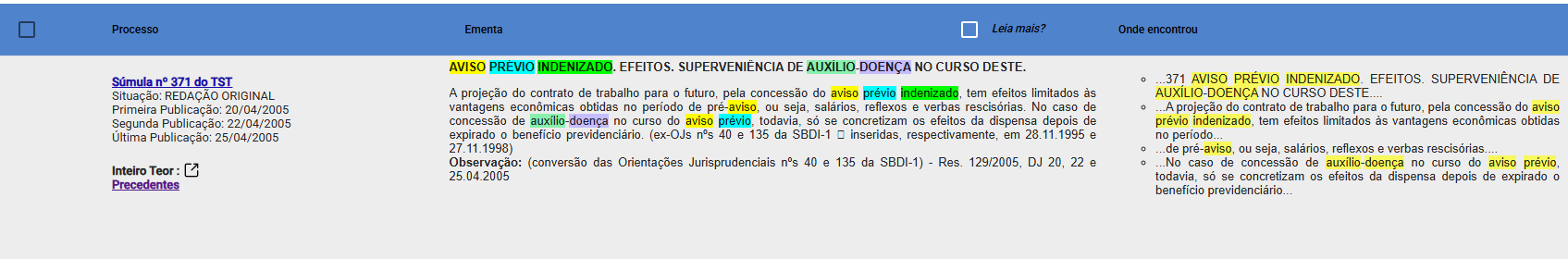 Captura do site do TST mostrando a Súmula nº 371, aviso prévio indenizado e seus efeitos.